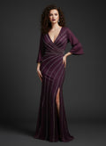 Shimmer Plum Wrap-Style Evening Gown with Front Slit