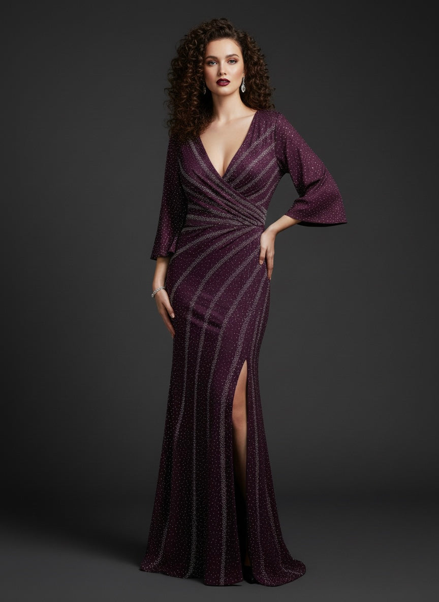 Shimmer Plum Wrap-Style Evening Gown with Front Slit