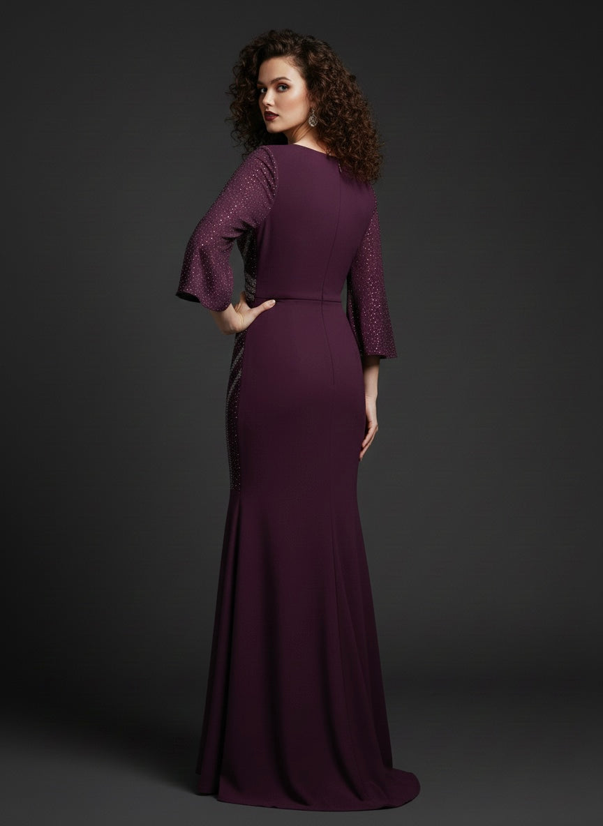 Shimmer Plum Wrap-Style Evening Gown with Front Slit