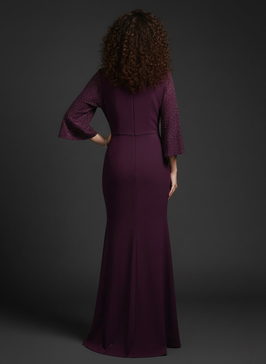 Shimmer Plum Wrap-Style Evening Gown with Front Slit