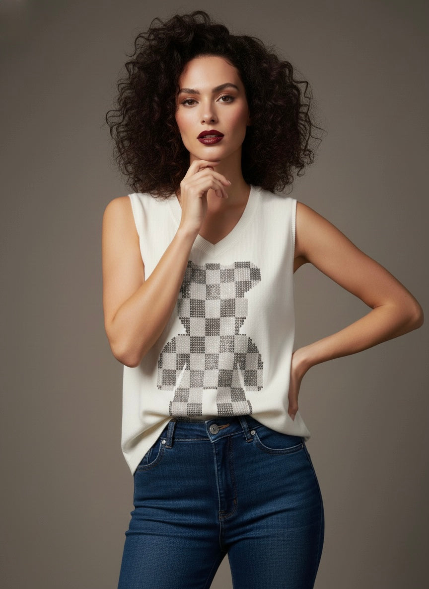 Trendy Sleeveless Knit Top with Bear Pattern