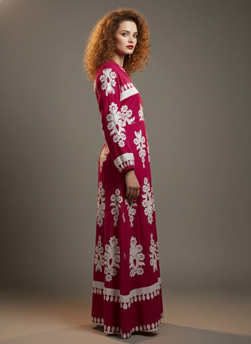 Magenta Full-Length Gown with Intricate White Work