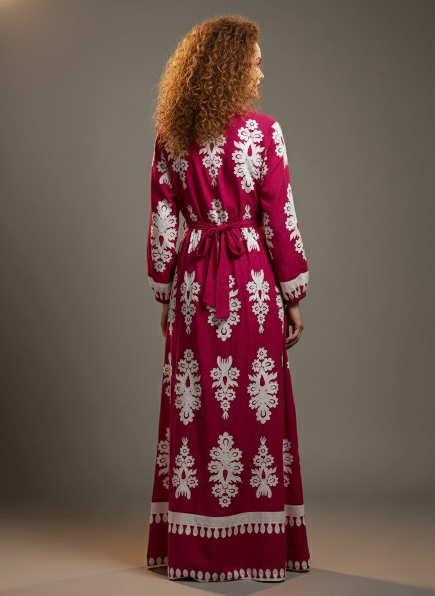 Magenta Full-Length Gown with Intricate White Work
