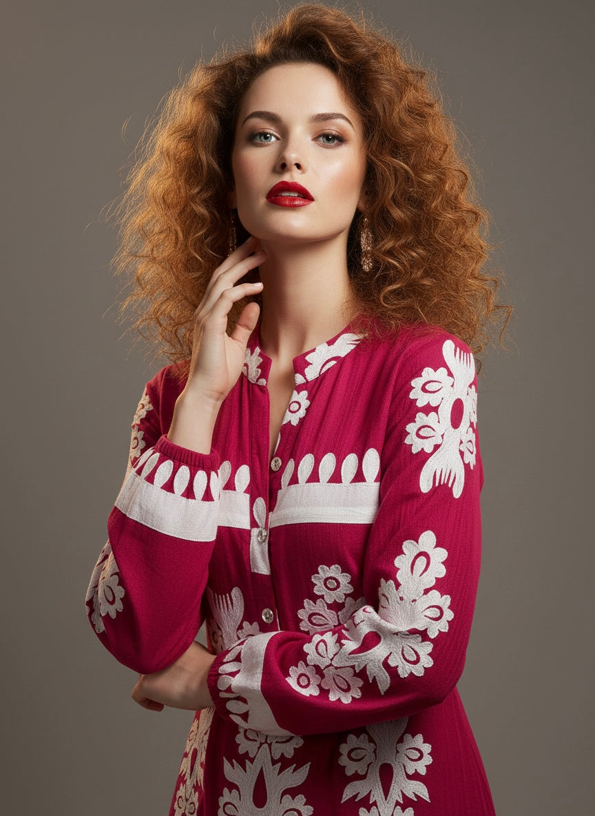 Magenta Full-Length Gown with Intricate White Work