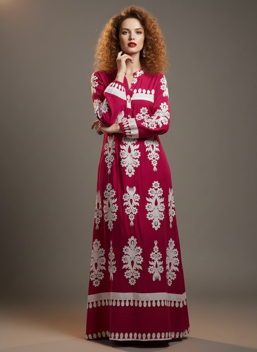 Magenta Full-Length Gown with Intricate White Work
