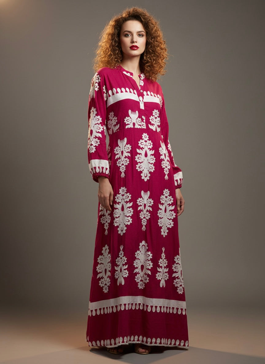 Magenta Full-Length Gown with Intricate White Work