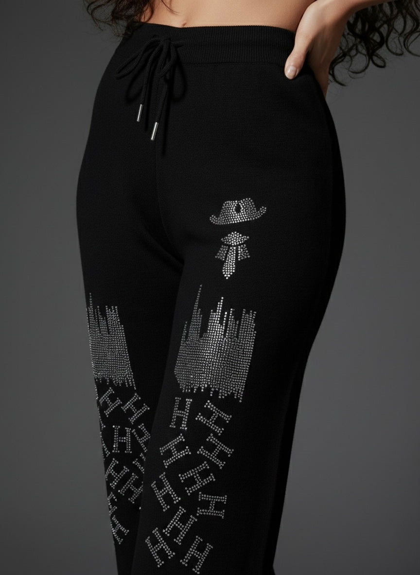 Black Crystal-Pattern Street Style Pants
