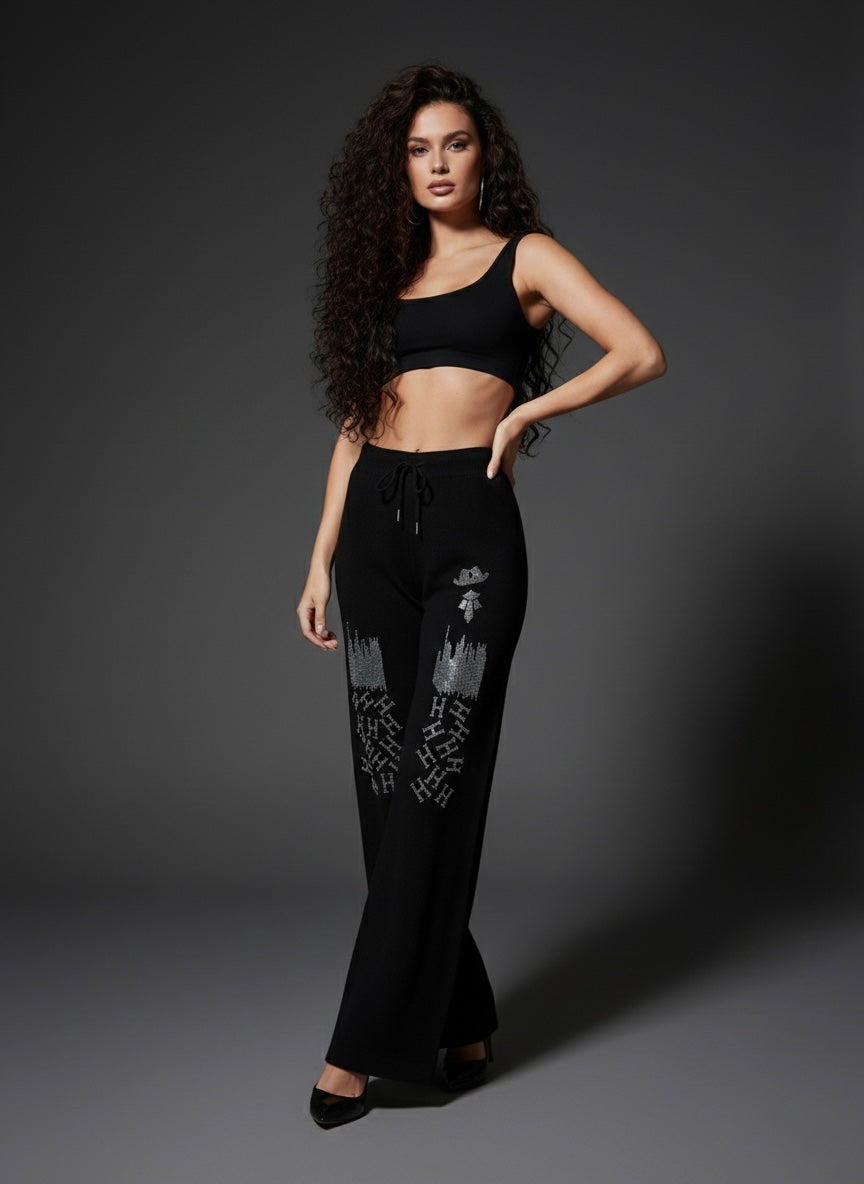 Black Crystal-Pattern Street Style Pants