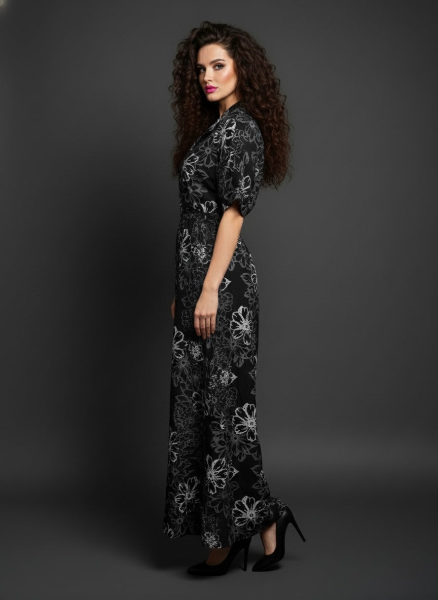 Black Statement Floral Print Long Gown