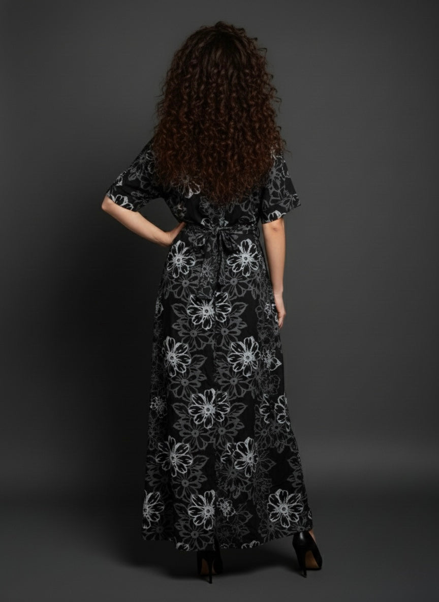 Black Statement Floral Print Long Gown