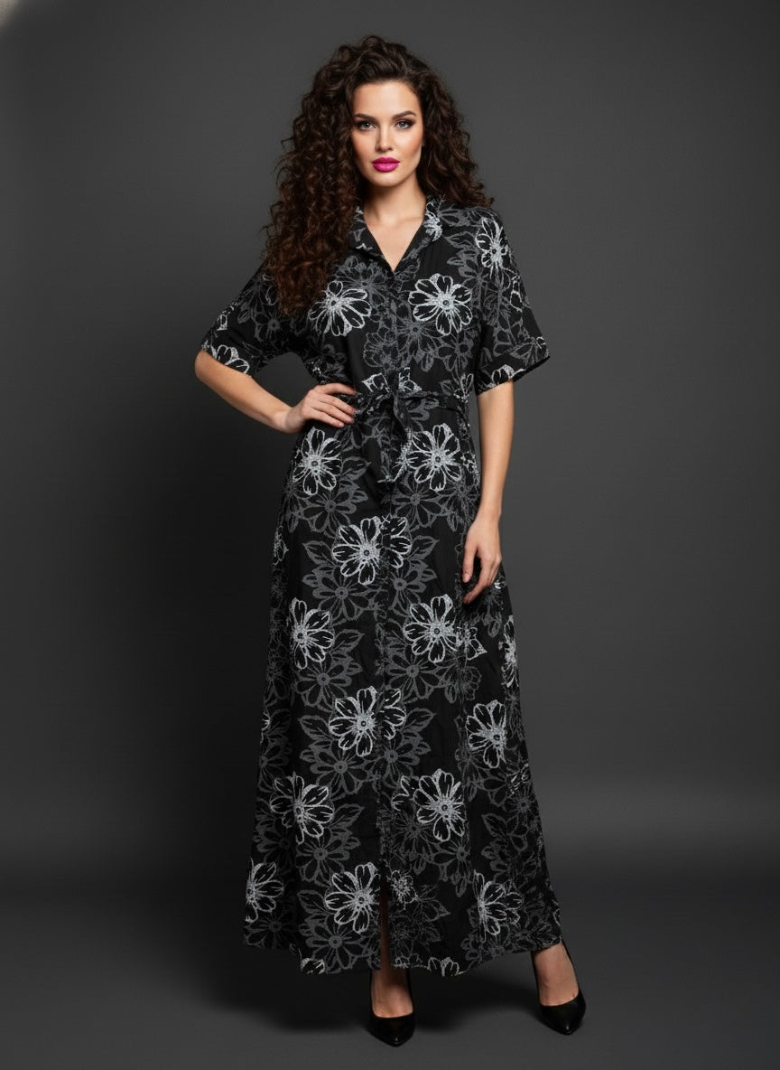 Black Statement Floral Print Long Gown