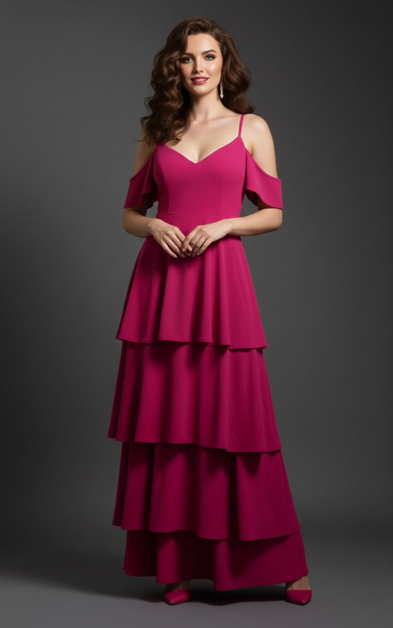 Women’s Wine Cold Shoulder Layered Maxi Dress