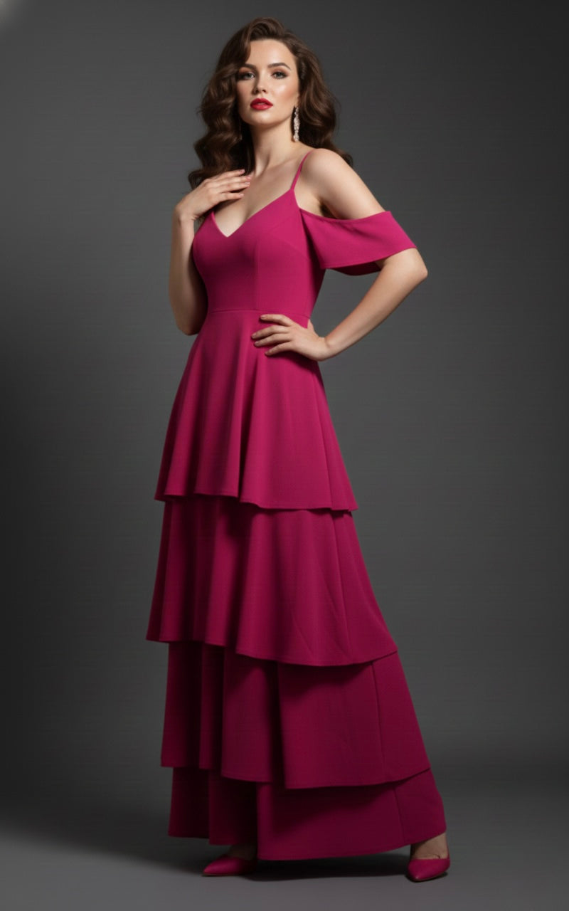 Women’s Wine Cold Shoulder Layered Maxi Dress
