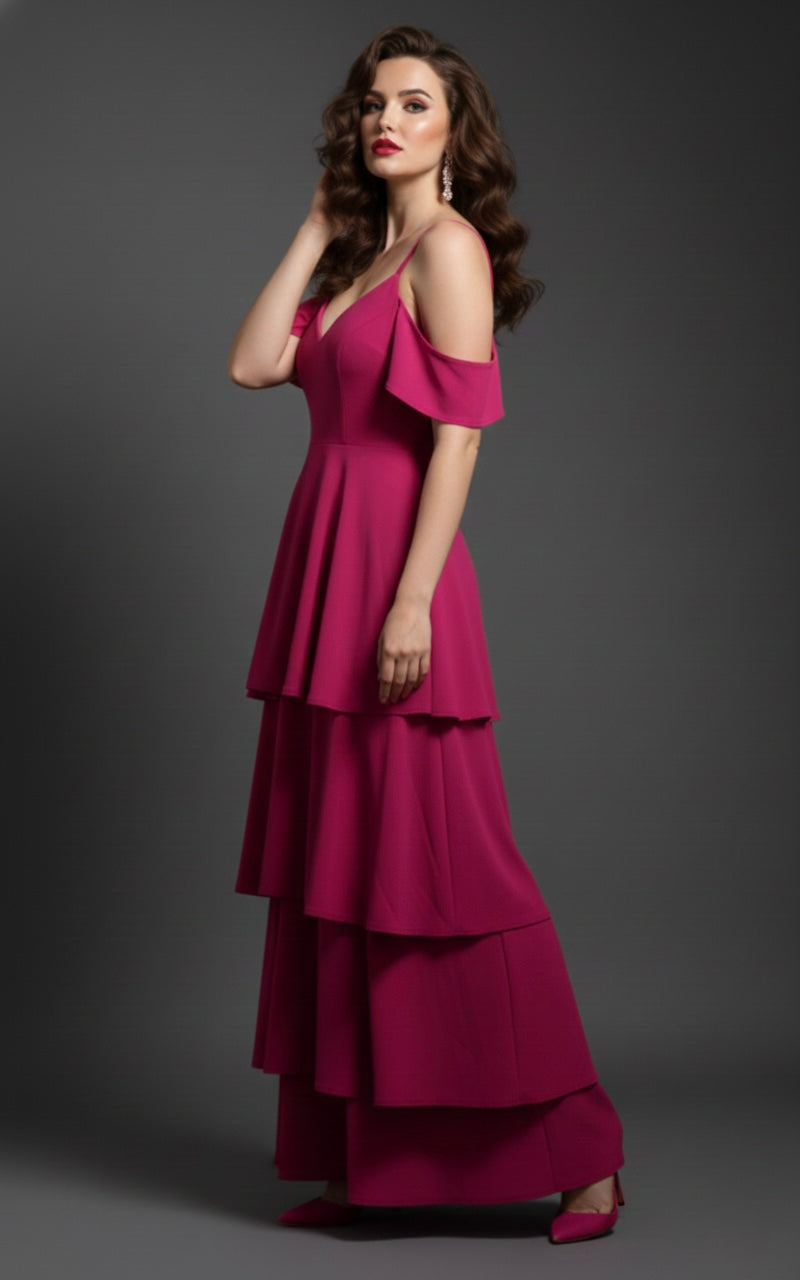 Women’s Wine Cold Shoulder Layered Maxi Dress