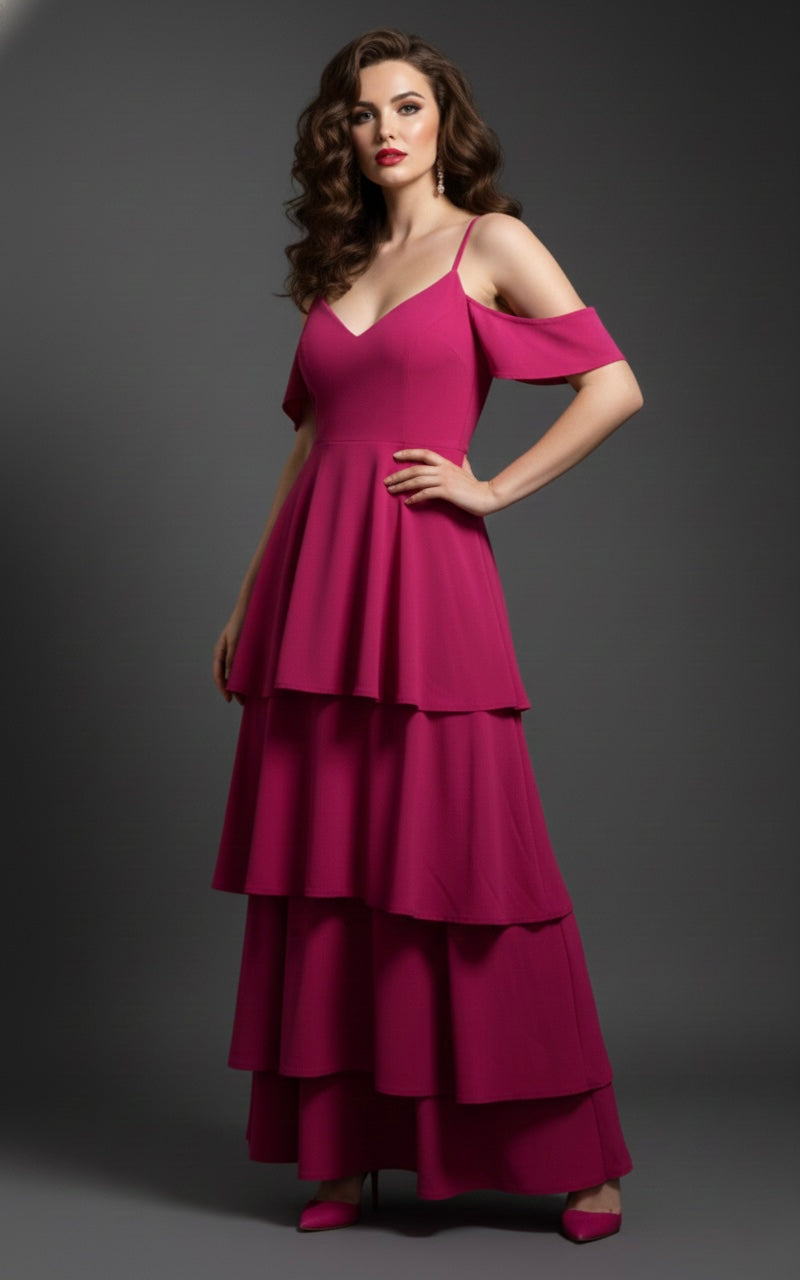 Women’s Wine Cold Shoulder Layered Maxi Dress