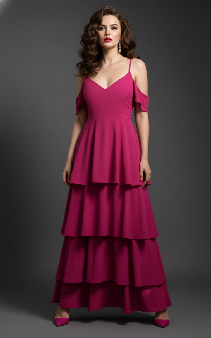 Women’s Wine Cold Shoulder Layered Maxi Dress