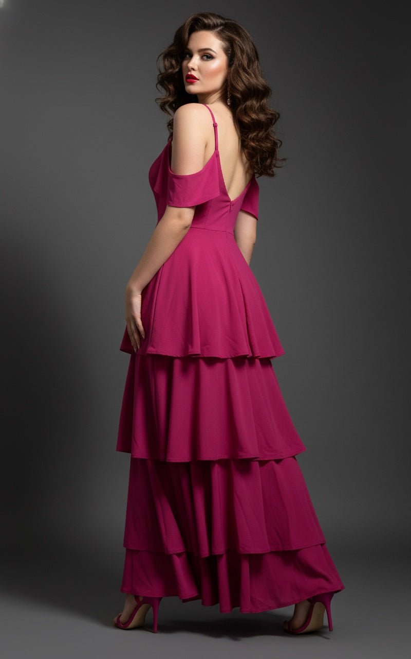 Women’s Wine Cold Shoulder Layered Maxi Dress