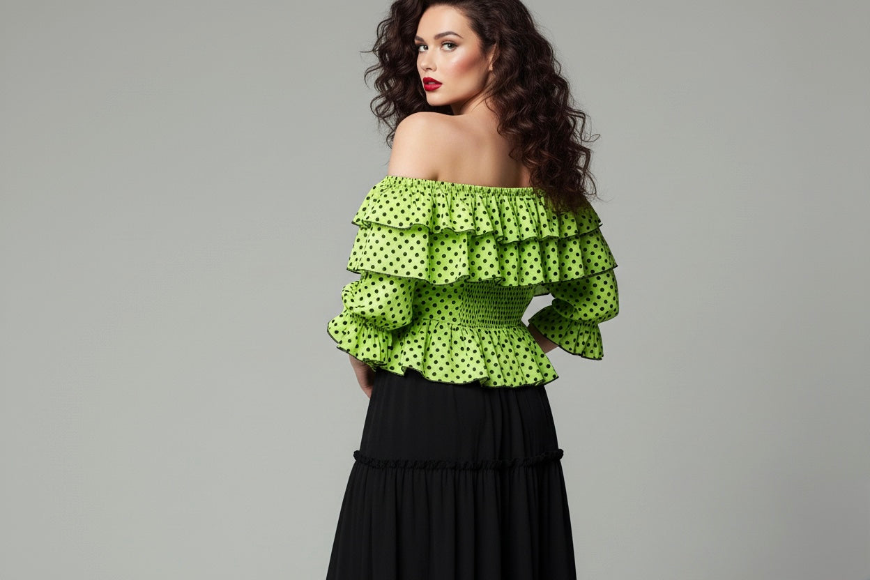 Lime Polka Ruffle Off-Shoulder Top