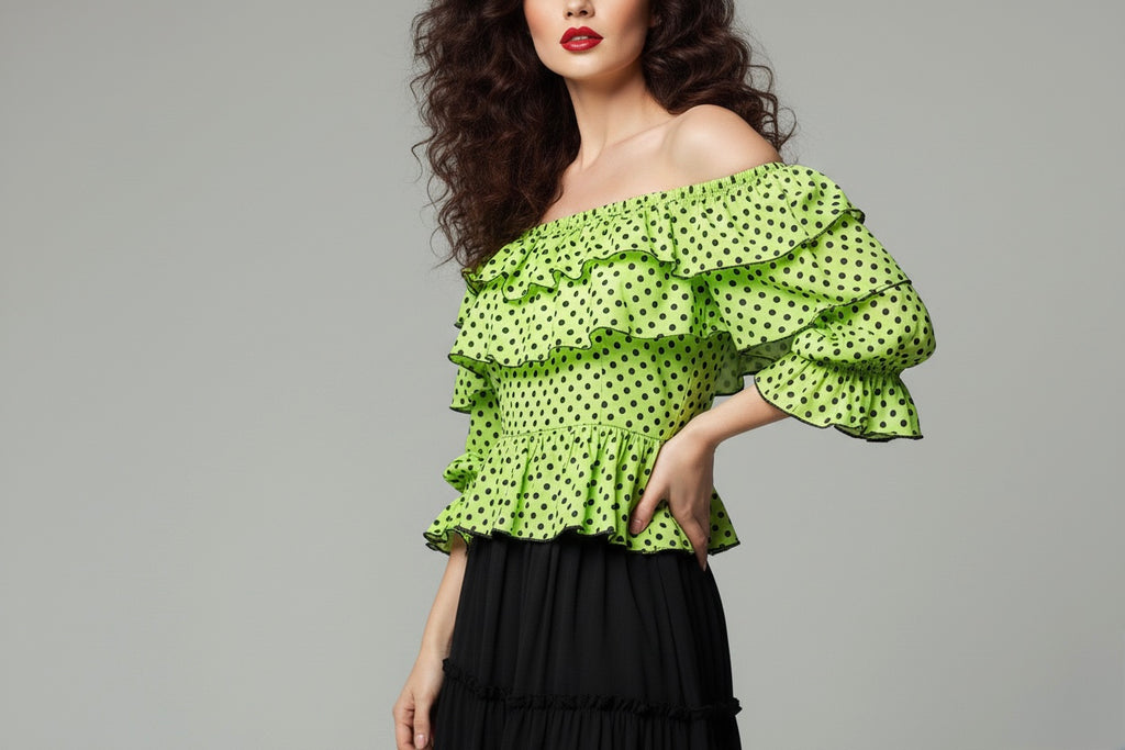Lime Polka Ruffle Off-Shoulder Top