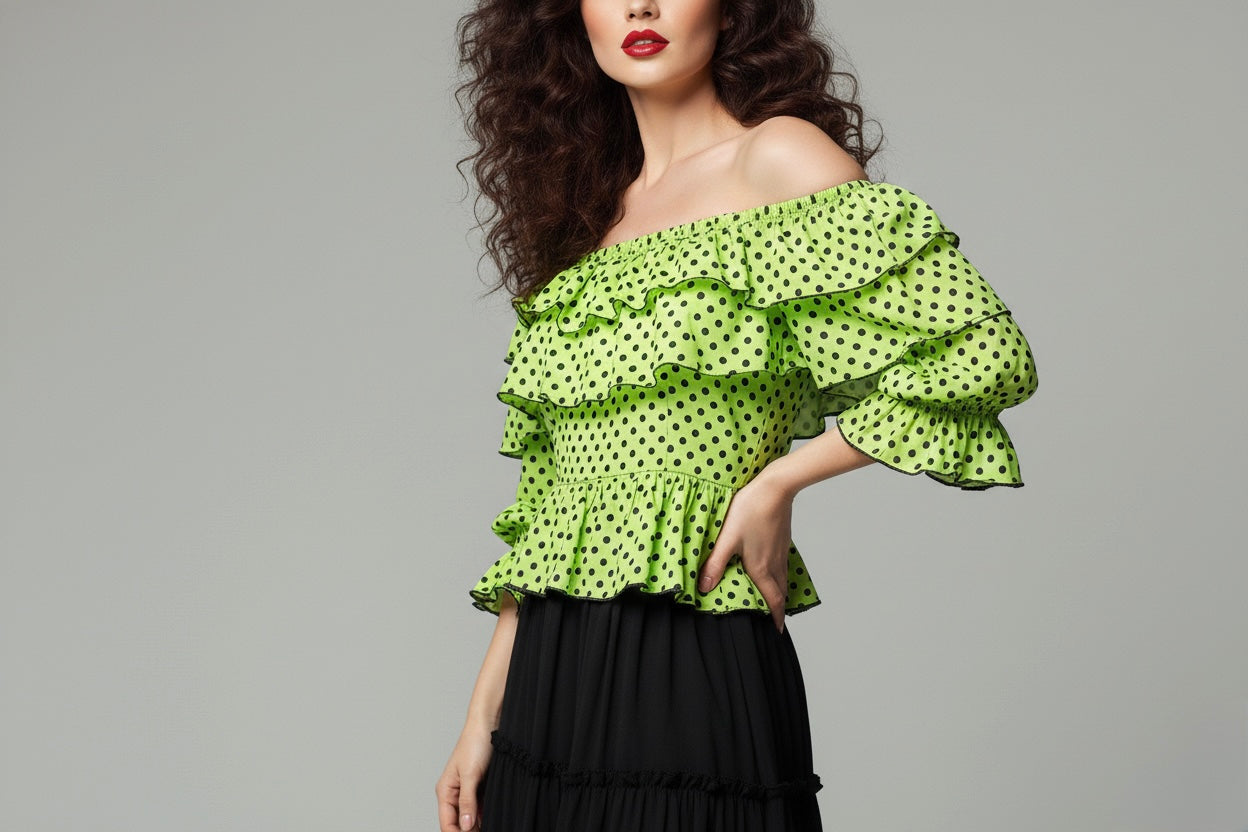 Lime Polka Ruffle Off-Shoulder Top