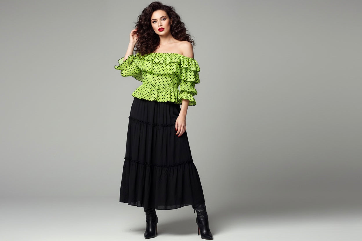Lime Polka Ruffle Off-Shoulder Top