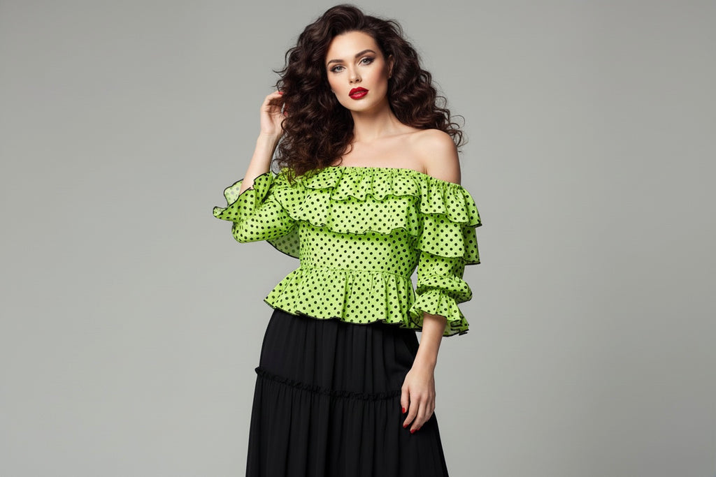 Lime Polka Ruffle Off-Shoulder Top