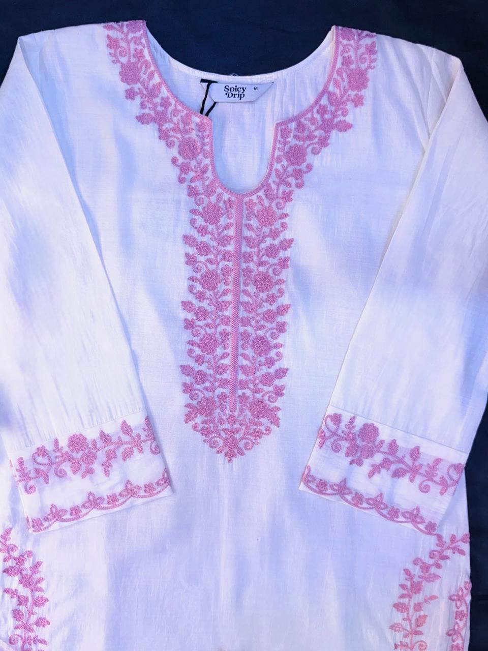 White Cotton Suit with Pink Embroidery & Organza Dupatta