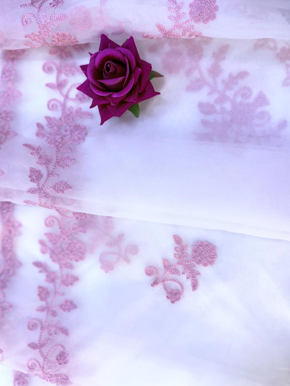 White Cotton Suit with Pink Embroidery & Organza Dupatta