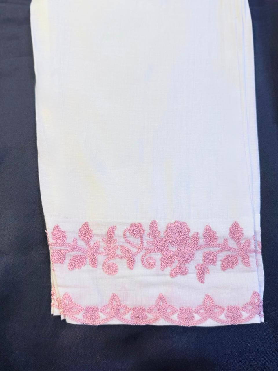 White Cotton Suit with Pink Embroidery & Organza Dupatta