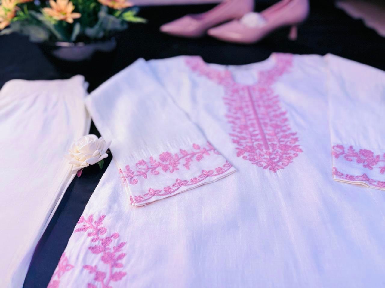 White Cotton Suit with Pink Embroidery & Organza Dupatta
