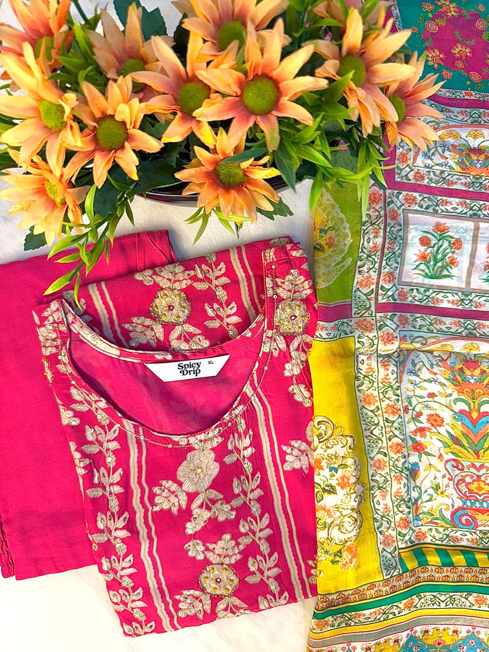 Vibrant Bloom Designer Crepe Suit