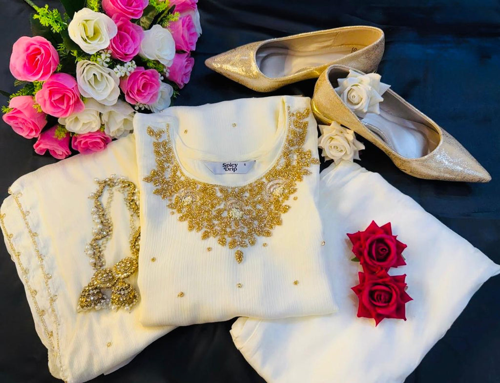 Golden Glow Chinon Suit with Intricate Hand Stone Work