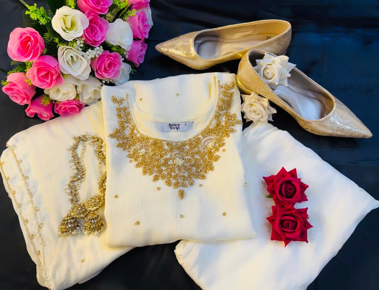 Golden Glow Chinon Suit with Intricate Hand Stone Work