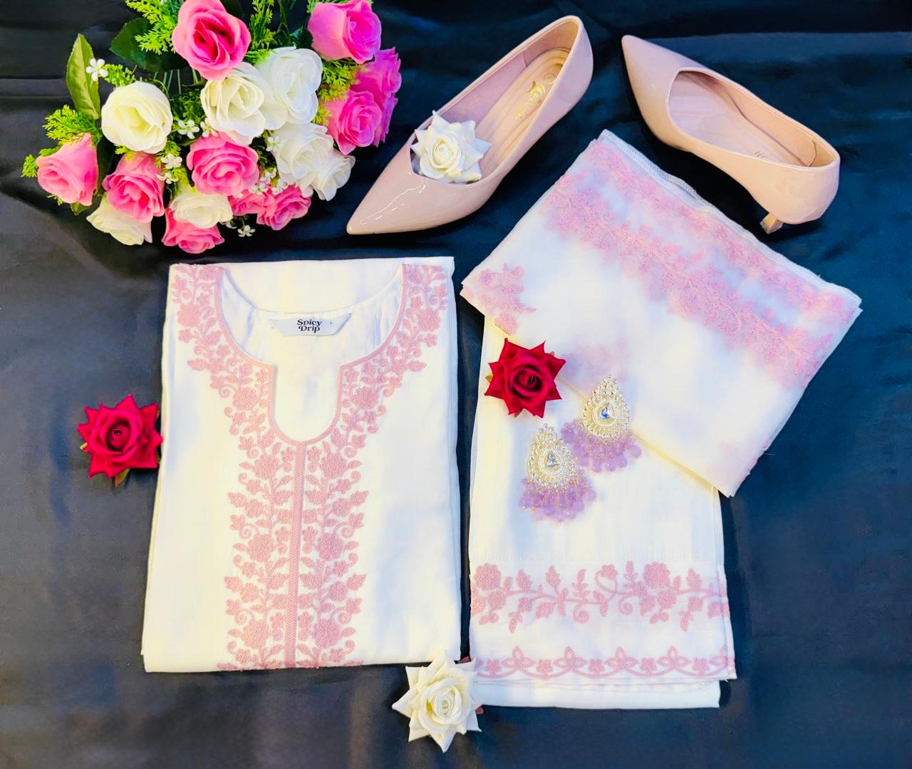 White Cotton Suit with Pink Embroidery & Organza Dupatta