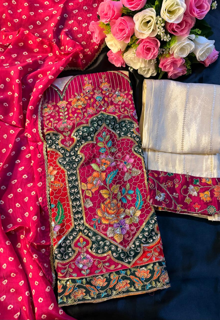 Pink Shimmer Banarasi Temple Design Suit With Bandhej-Style Silk Dupatta