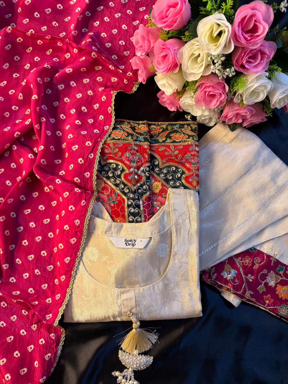 Pink Shimmer Banarasi Temple Design Suit With Bandhej-Style Silk Dupatta