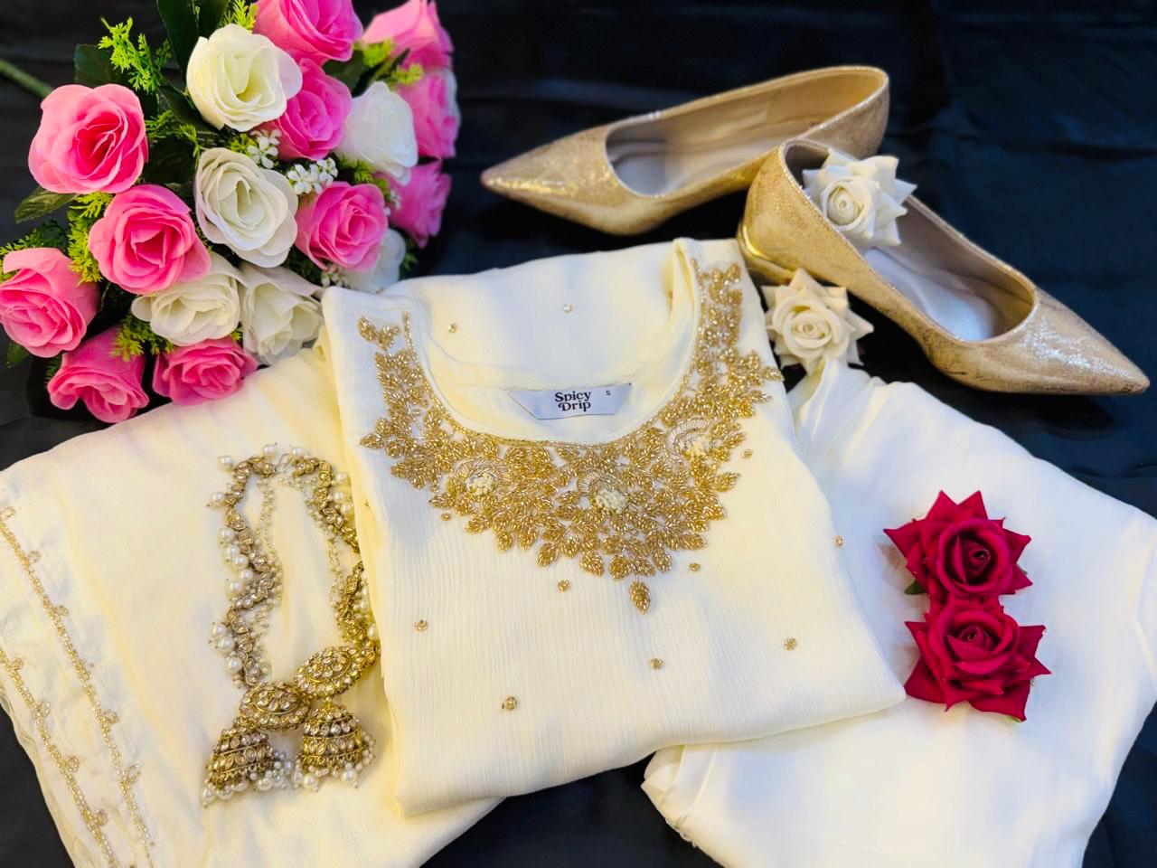 Golden Glow Chinon Suit with Intricate Hand Stone Work