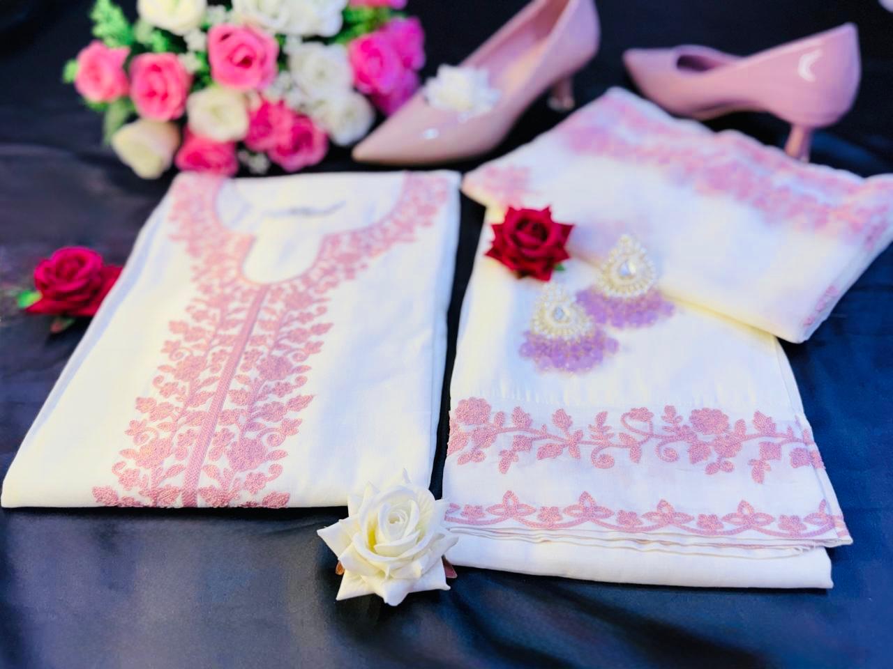 White Cotton Suit with Pink Embroidery & Organza Dupatta