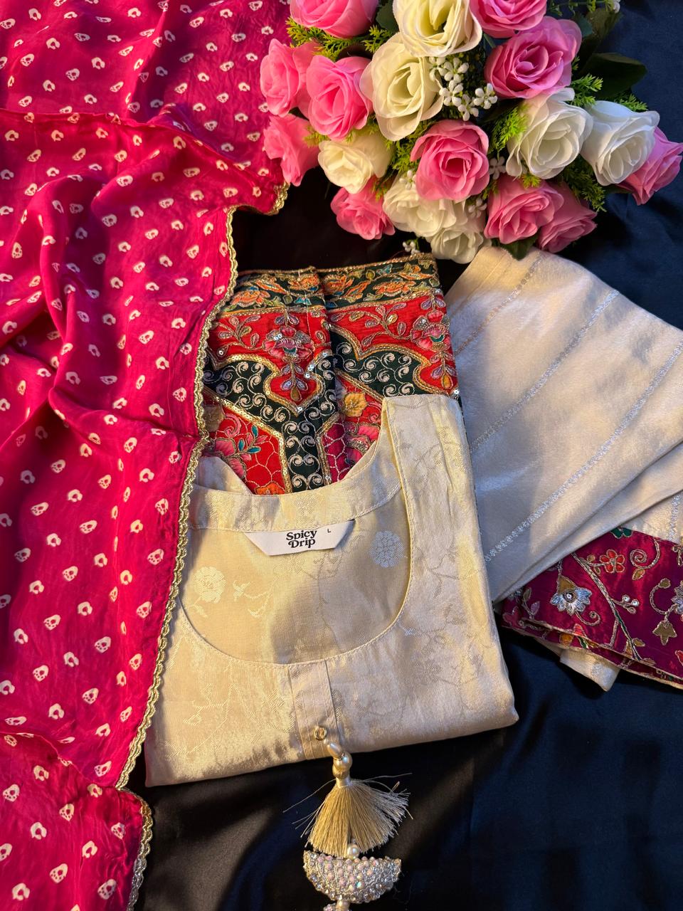 Pink Shimmer Banarasi Temple Design Suit With Bandhej-Style Silk Dupatta