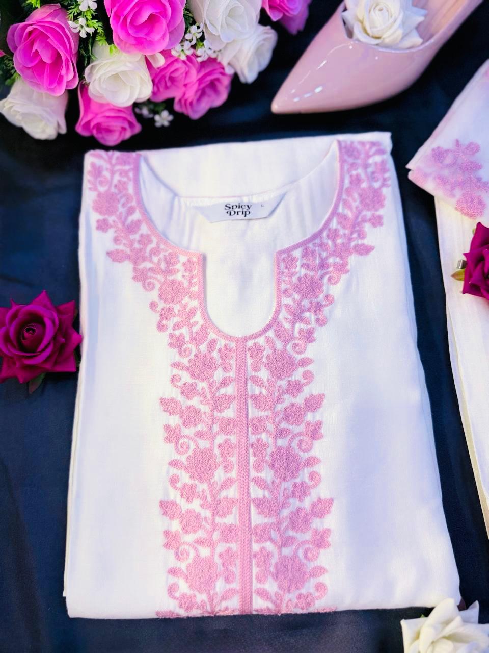 White Cotton Suit with Pink Embroidery & Organza Dupatta