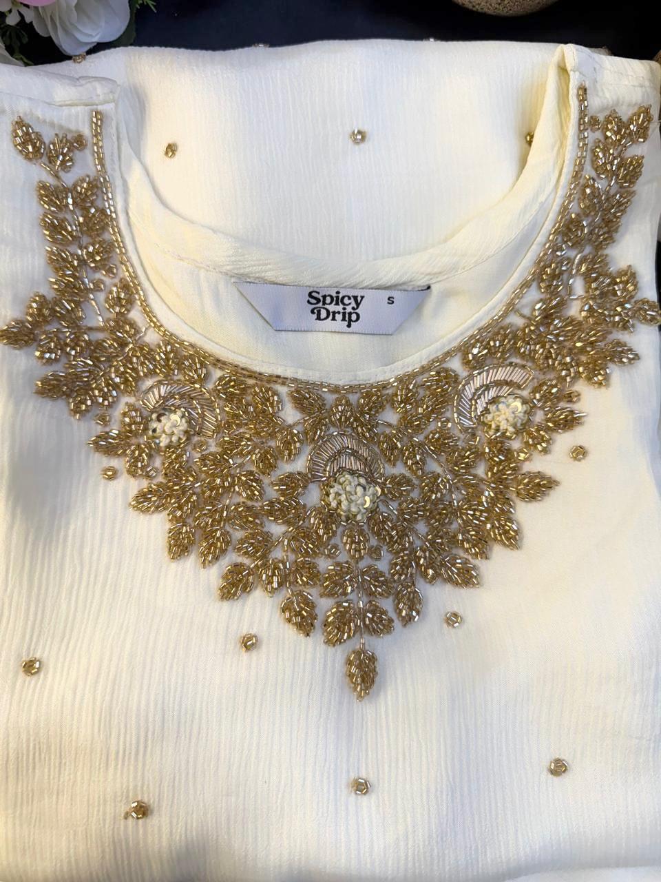 Golden Glow Chinon Suit with Intricate Hand Stone Work