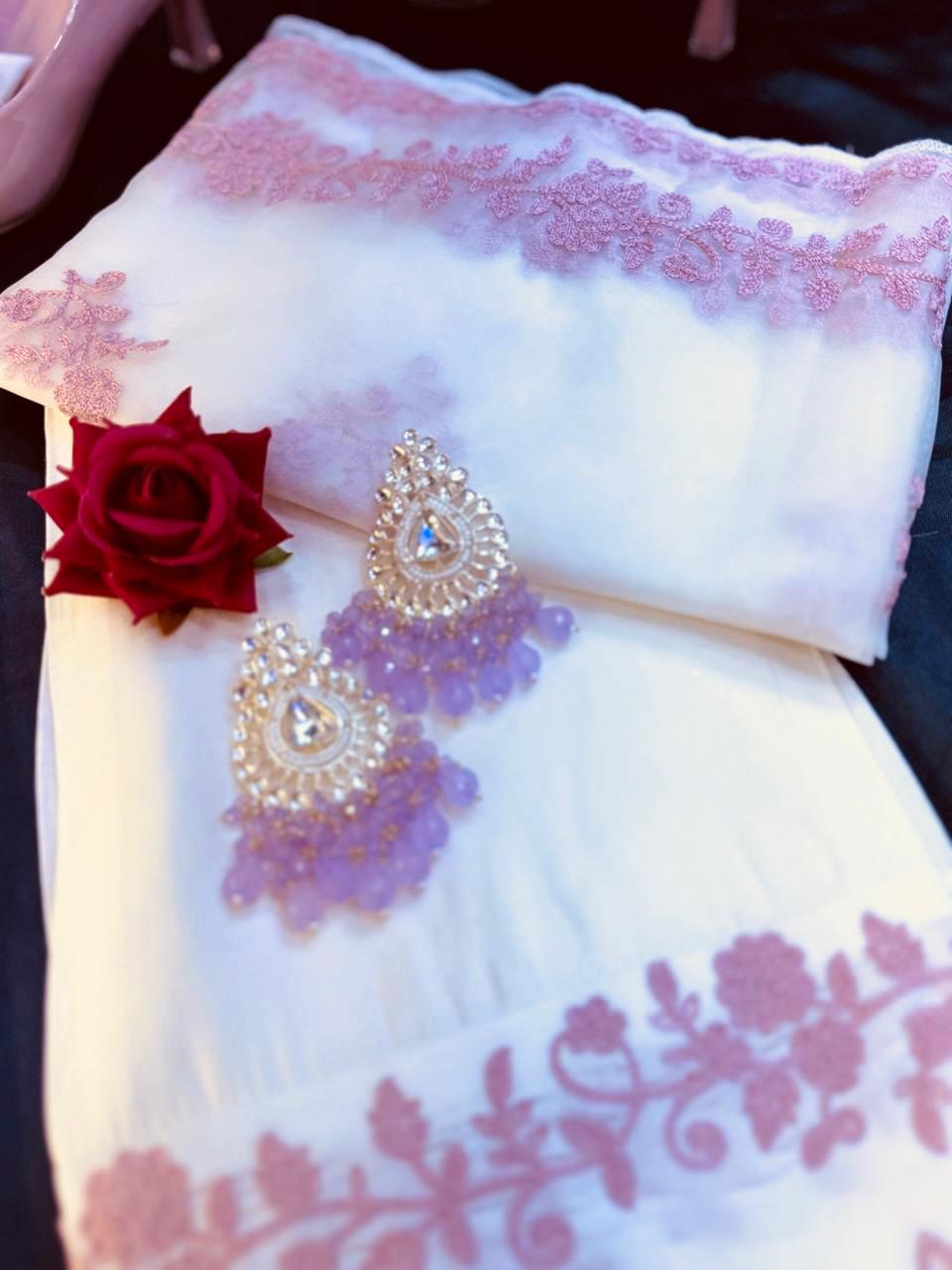 White Cotton Suit with Pink Embroidery & Organza Dupatta