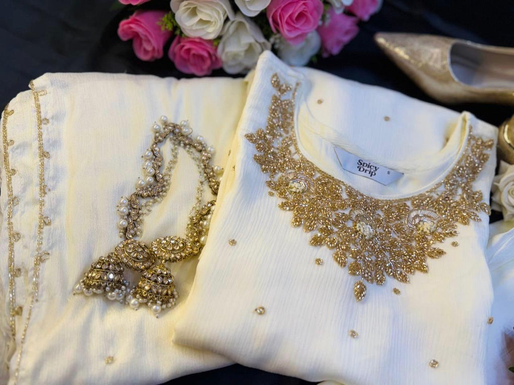 Golden Glow Chinon Suit with Intricate Hand Stone Work