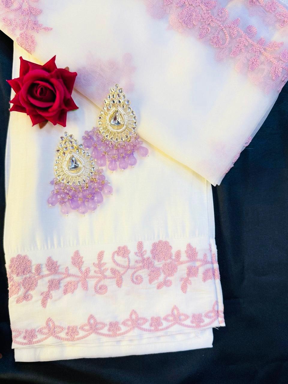 White Cotton Suit with Pink Embroidery & Organza Dupatta