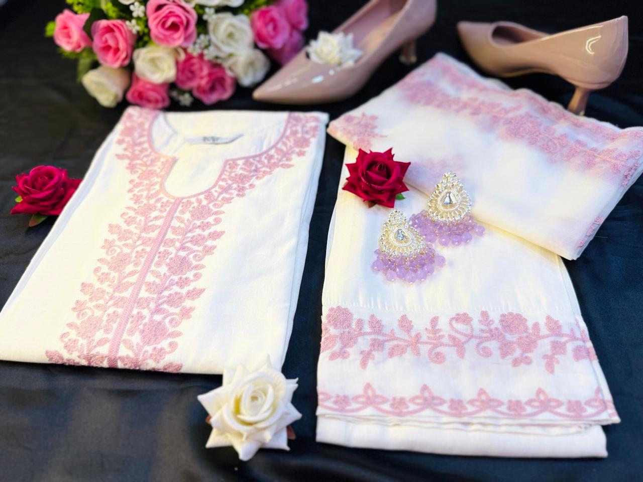 White Cotton Suit with Pink Embroidery & Organza Dupatta