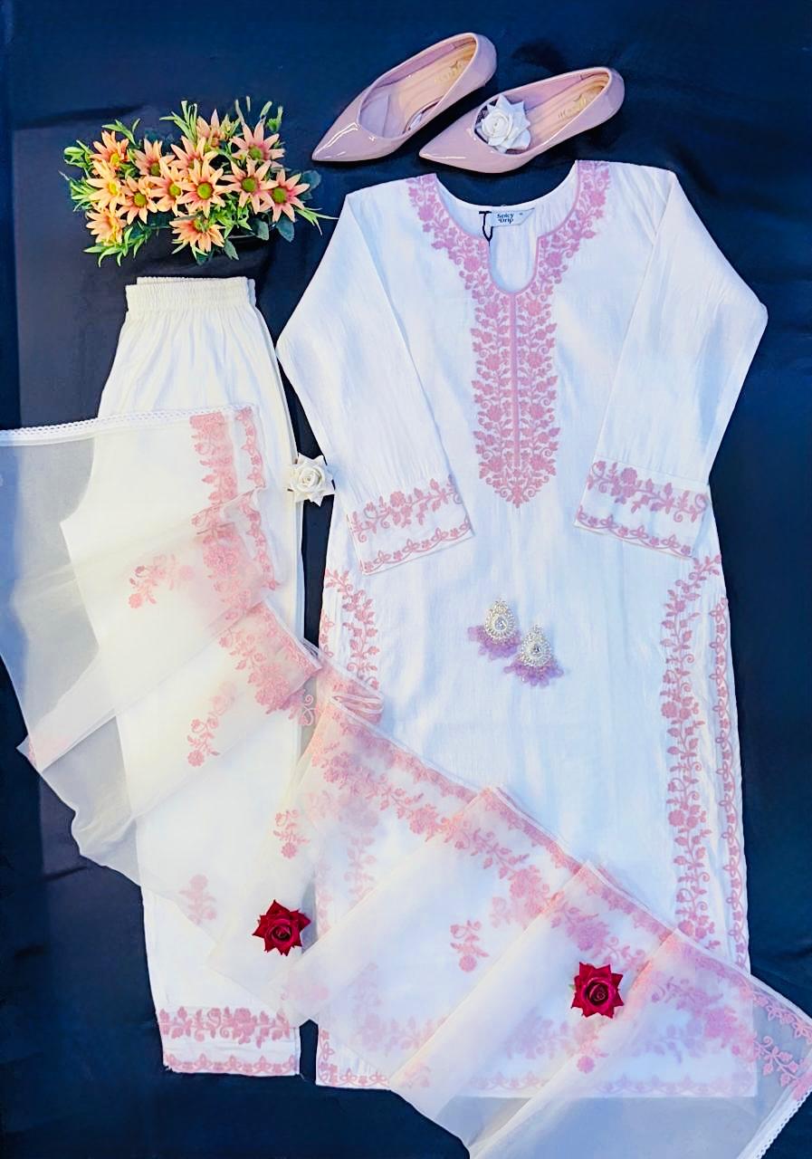 White Cotton Suit with Pink Embroidery & Organza Dupatta