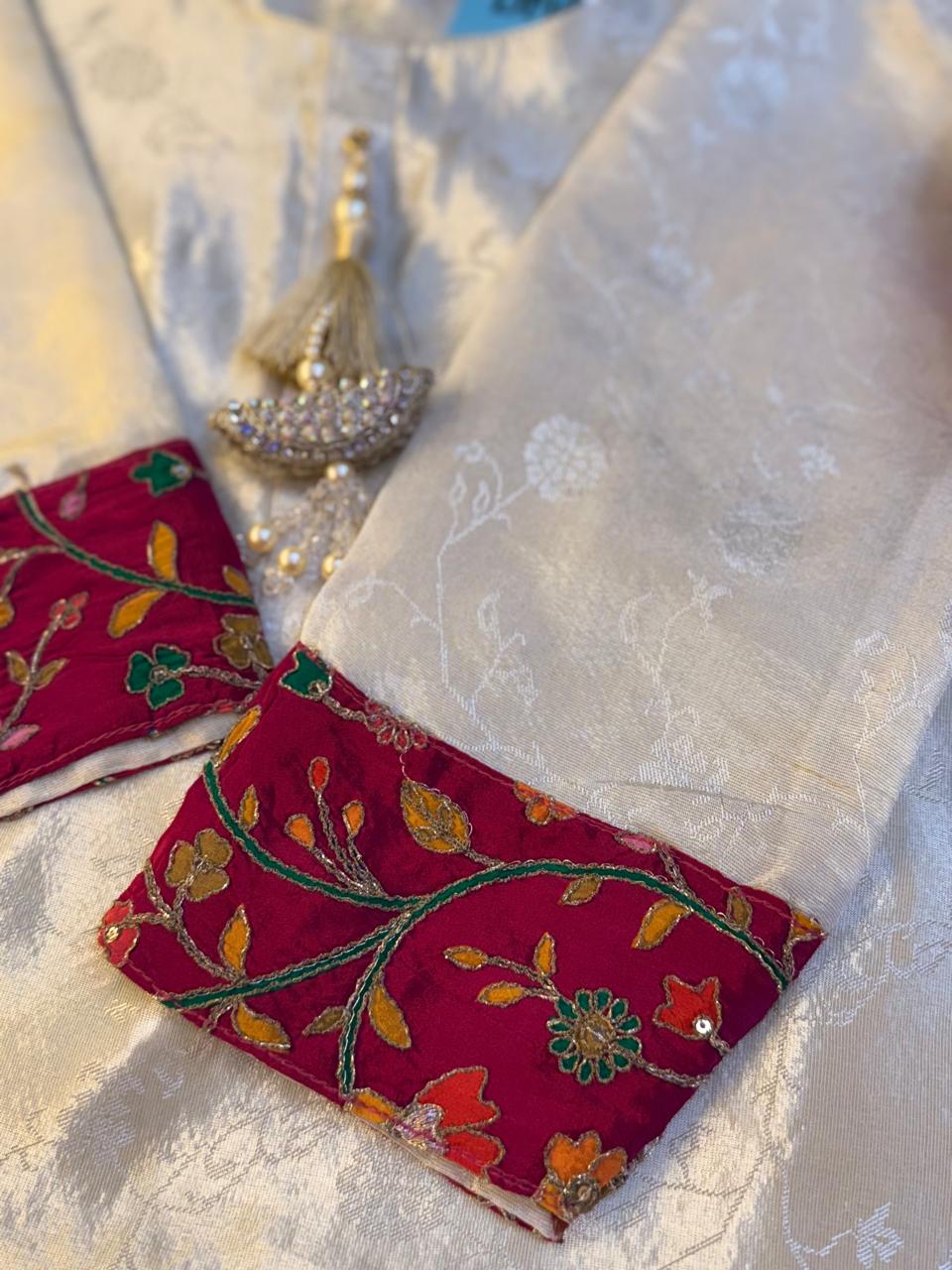 Pink Shimmer Banarasi Temple Design Suit With Bandhej-Style Silk Dupatta