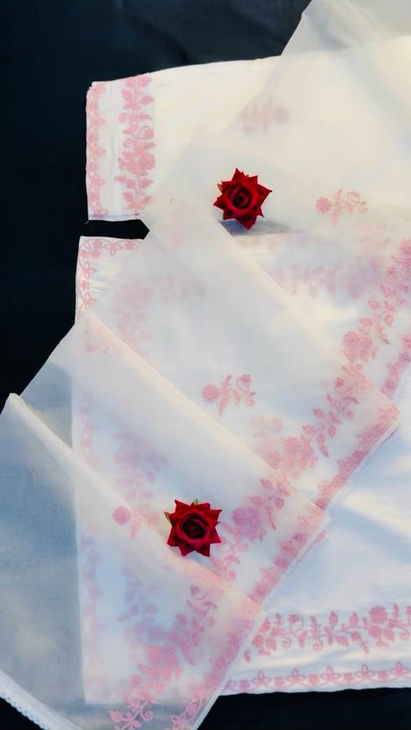 White Cotton Suit with Pink Embroidery & Organza Dupatta