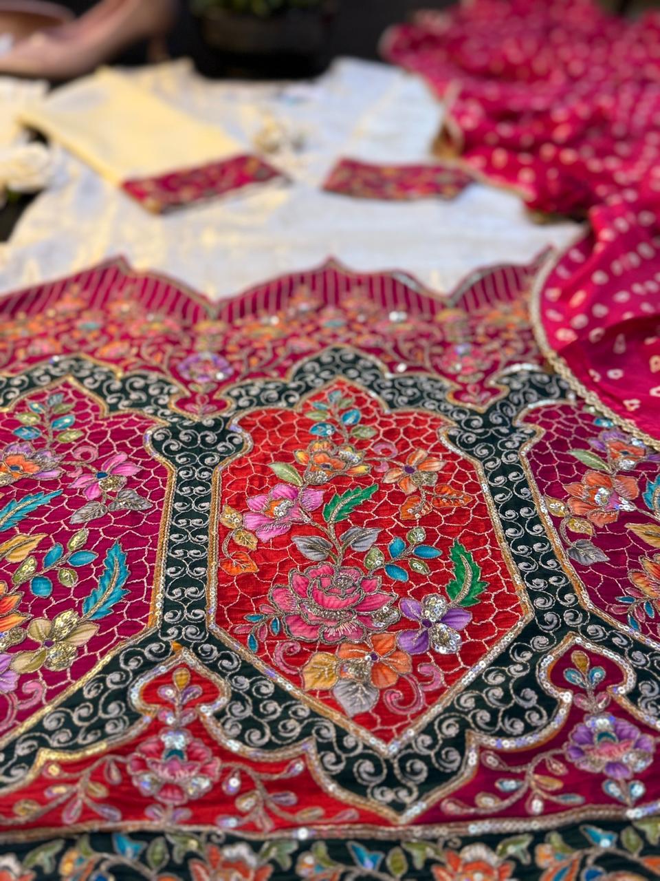 Pink Shimmer Banarasi Temple Design Suit With Bandhej-Style Silk Dupatta
