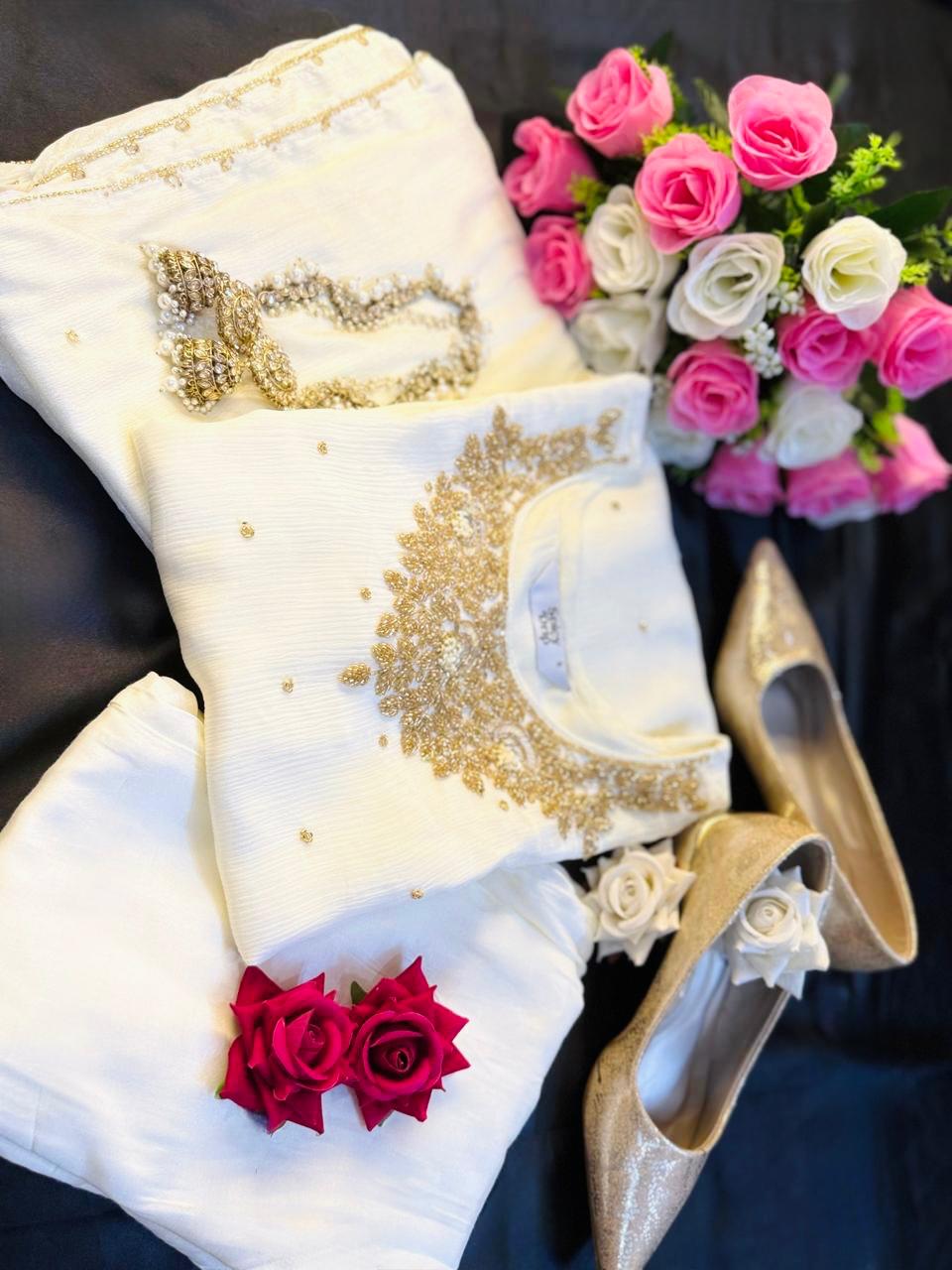 Golden Glow Chinon Suit with Intricate Hand Stone Work